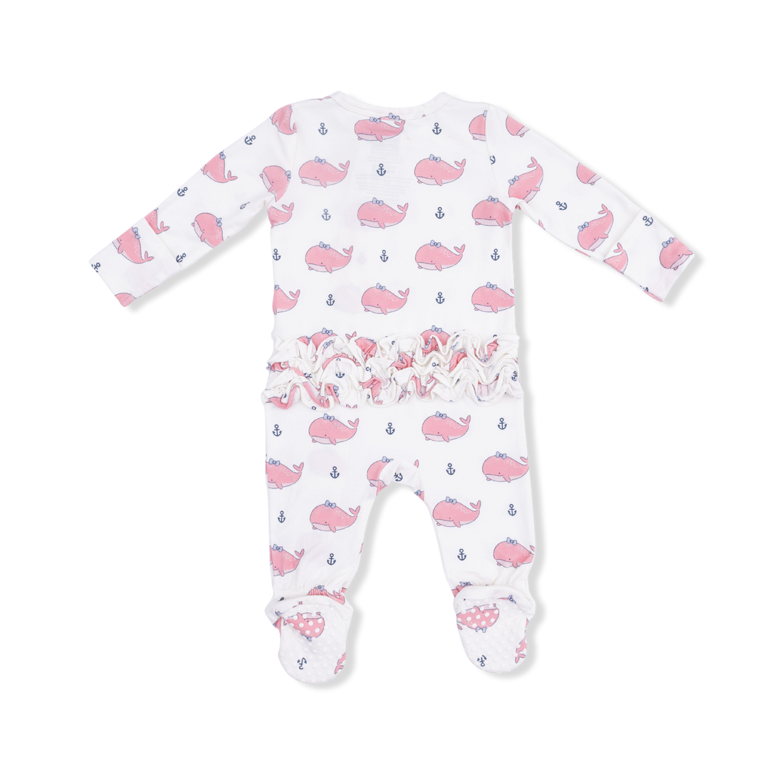 Bubbly Whale with Bow  Pink - 2 Way Ruffle Back Zipper Footie