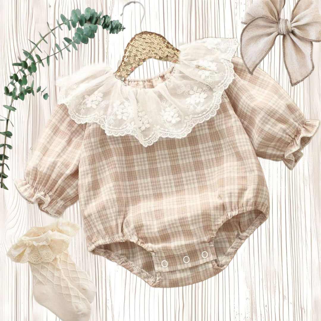 Baby Girl Vintage Heirloom Tan Plaid Romper with Lace Collar