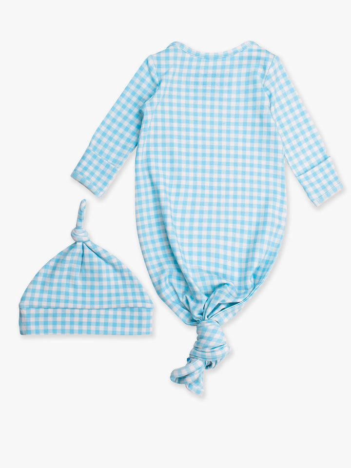 Baby Blue Breeze Gingham Modal Blend Knotted Sleep Gown & Hat Set