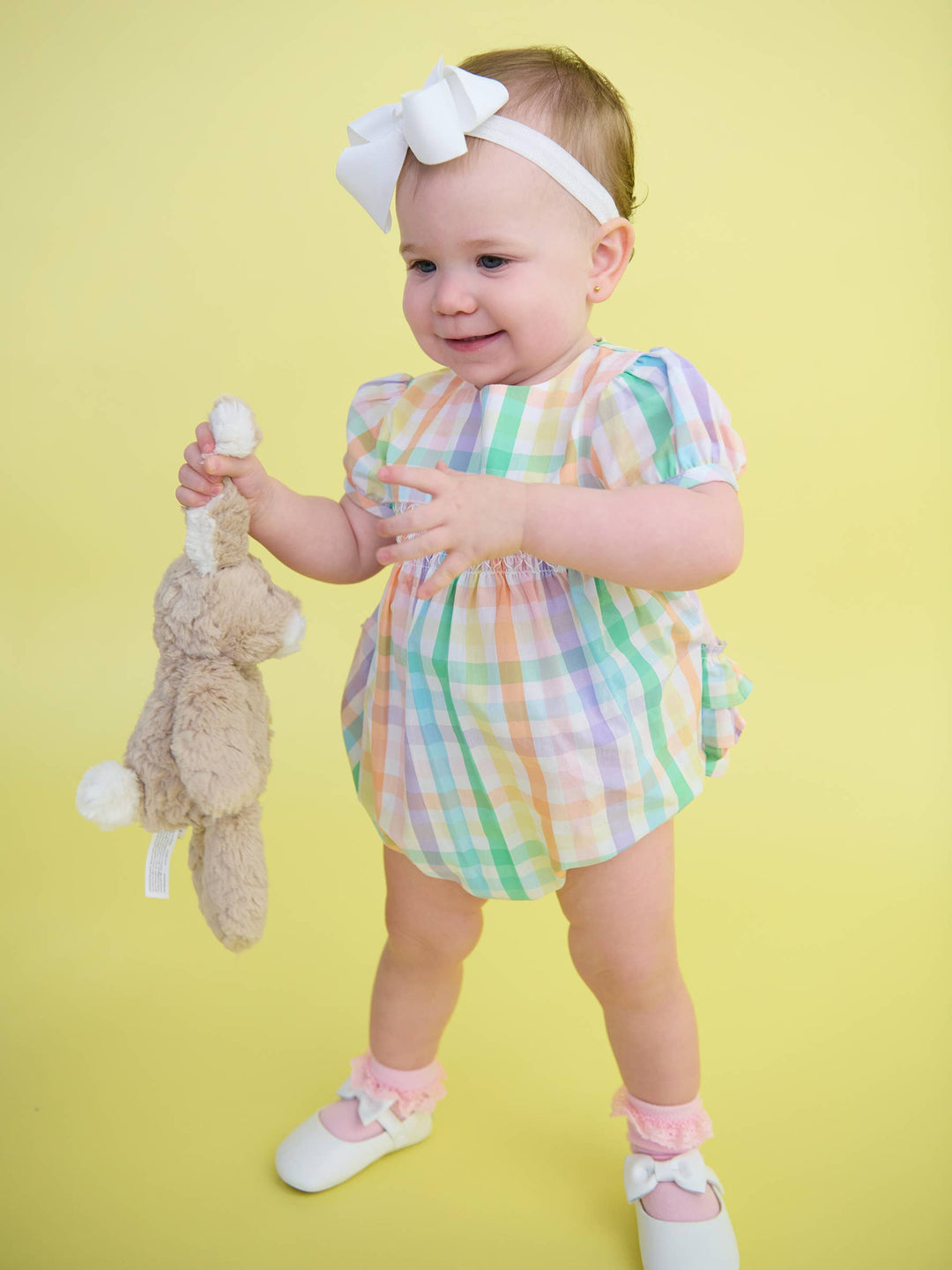 Baby Girls Poppy Rainbow Plaid Stripe Puff Sleeve Smocked Romper