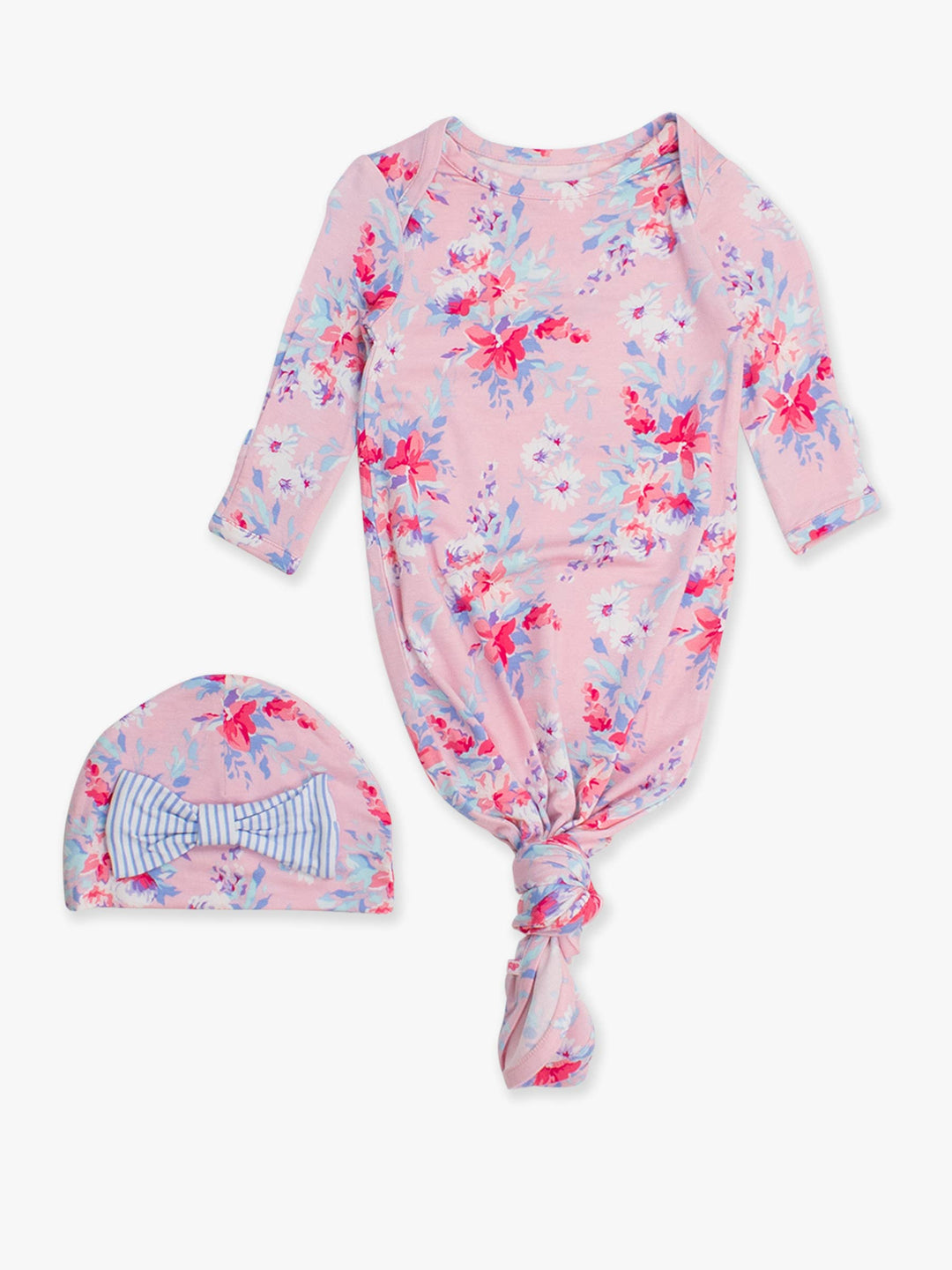 Baby Girls Pretty in Pink Floral Bamboo Viscose Ruffle Knotted Sleep Gown & Hat Set