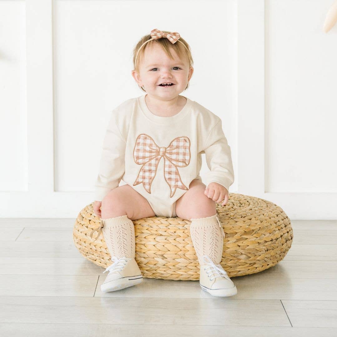 Gingham Bow Patch Long Sleeve Romper - Baby Clothing - Fall