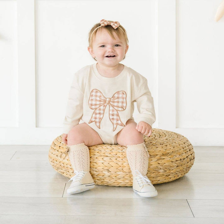 Gingham Bow Patch Long Sleeve Romper - Baby Clothing - Fall