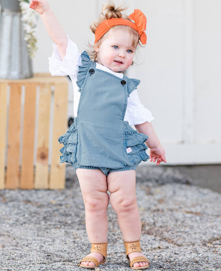 Baby Girls Light Wash Woven Flutter Overall Romper