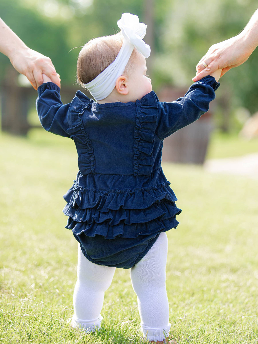 Baby Girls Dark Navy Stretch Corduroy Waterfall Bubble Romper