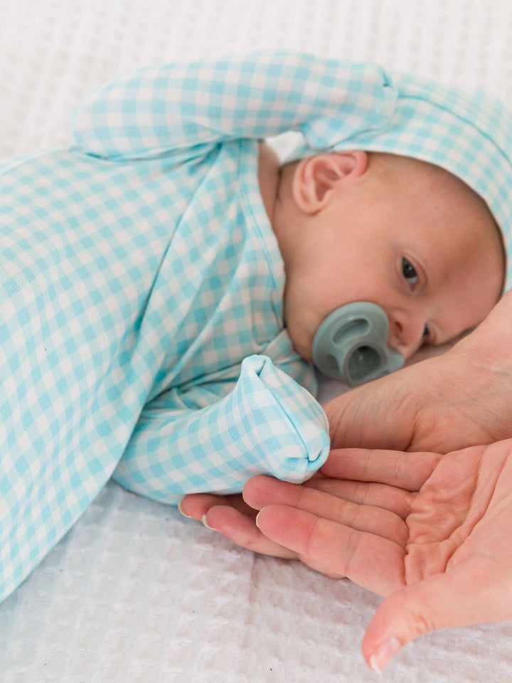 Baby Blue Breeze Gingham Modal Blend Knotted Sleep Gown & Hat Set