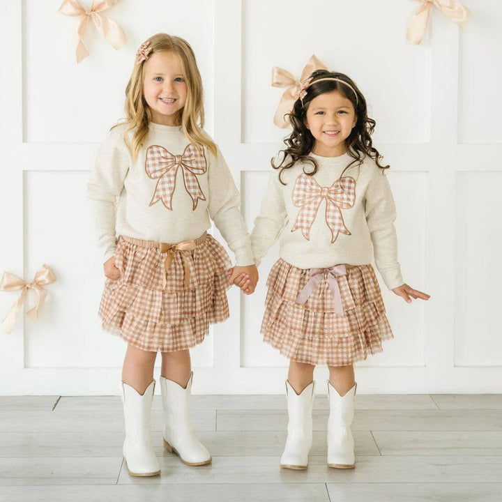 Gingham Bow Patch Sweatshirt - Natural - Girls Clothes