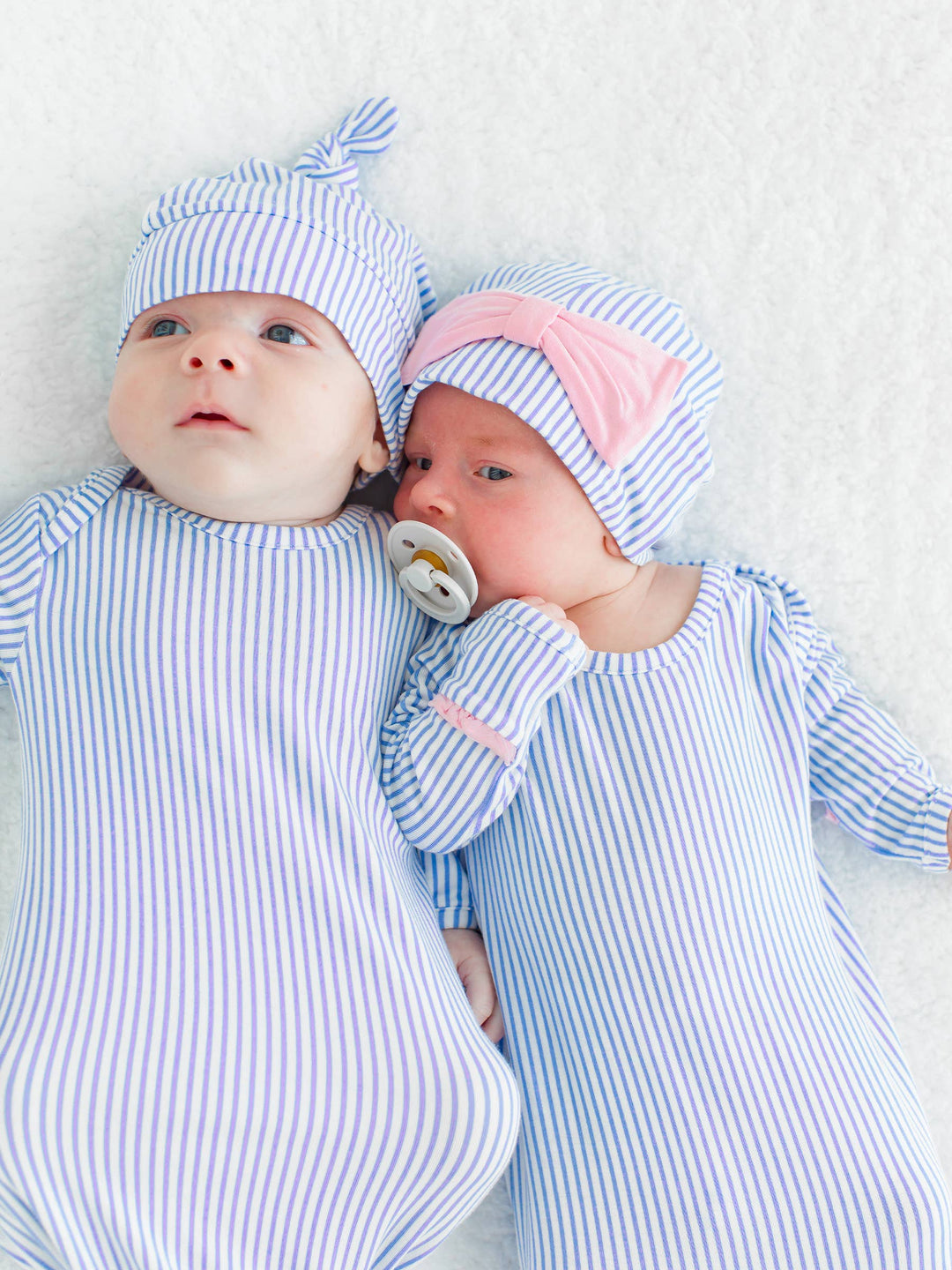 Baby Girls Periwinkle & White Micro Stripe Bamboo Viscose Ruffle Knotted Sleep Gown & Hat Set