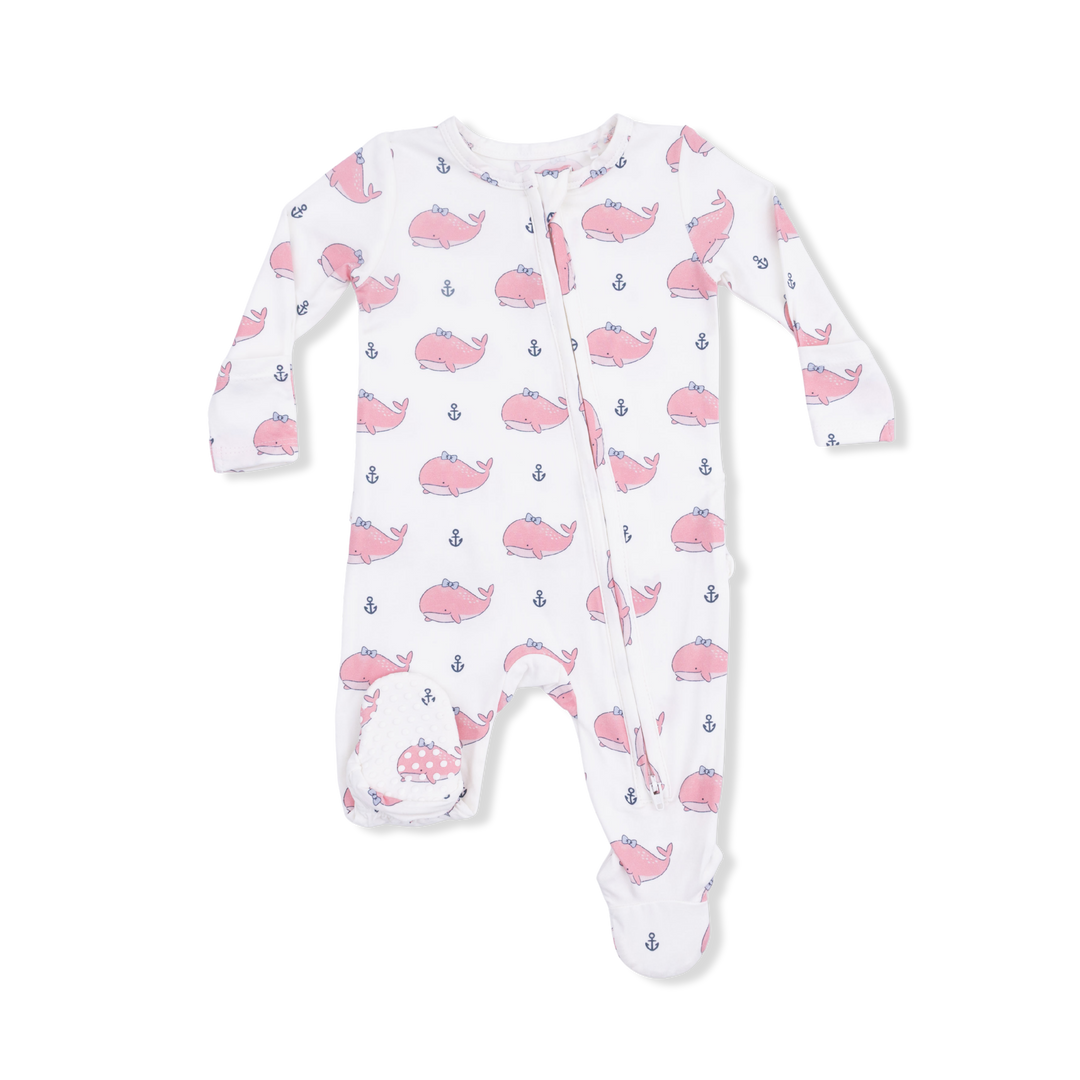 Bubbly Whale with Bow  Pink - 2 Way Ruffle Back Zipper Footie
