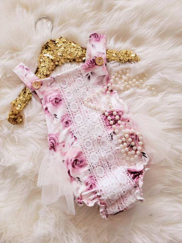 Vintage Pink Rose Floral Ruffle Bum Romper