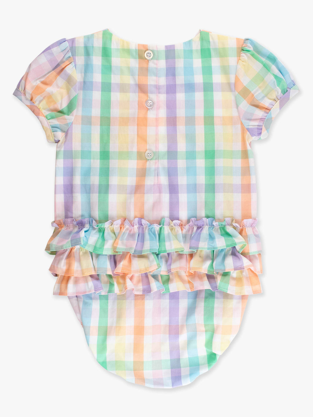Baby Girls Poppy Rainbow Plaid Stripe Puff Sleeve Smocked Romper