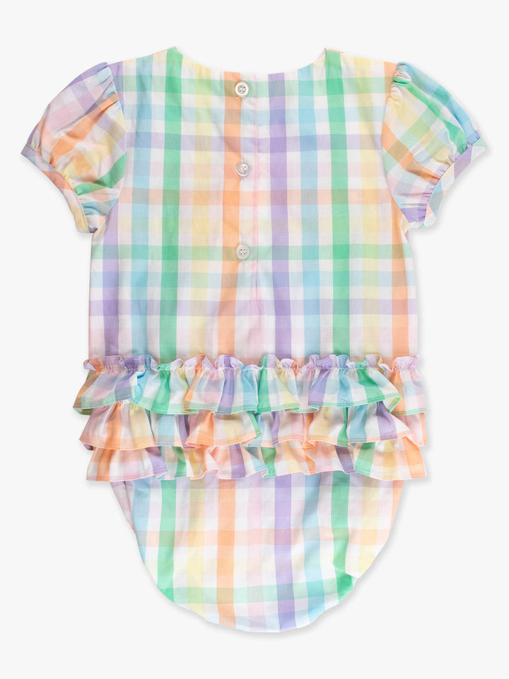 Baby Girls Poppy Rainbow Plaid Stripe Puff Sleeve Smocked Romper