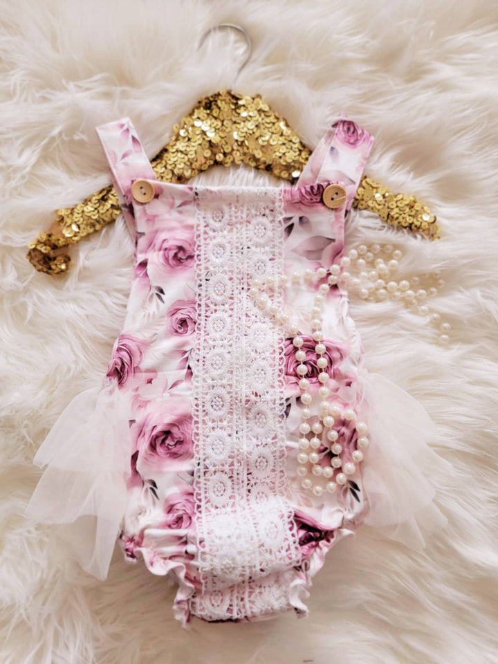 Vintage Pink Rose Floral Ruffle Bum Romper