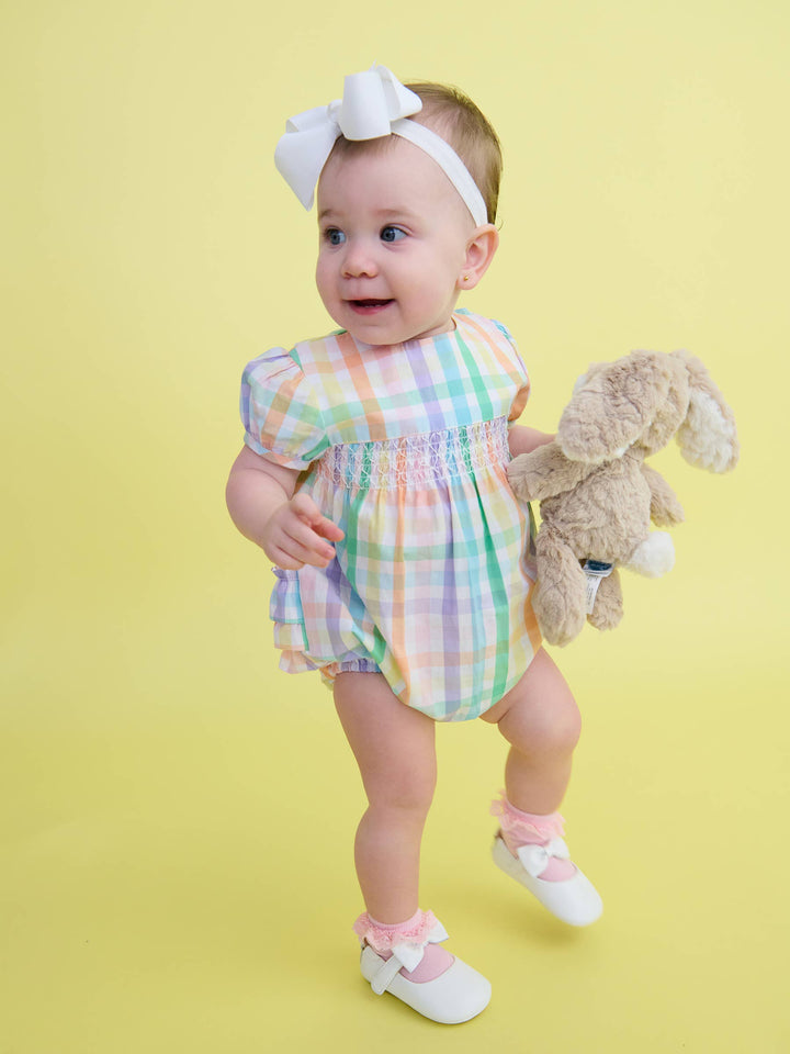 Baby Girls Poppy Rainbow Plaid Stripe Puff Sleeve Smocked Romper