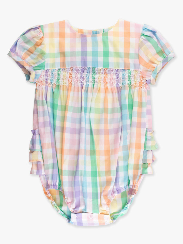 Baby Girls Poppy Rainbow Plaid Stripe Puff Sleeve Smocked Romper