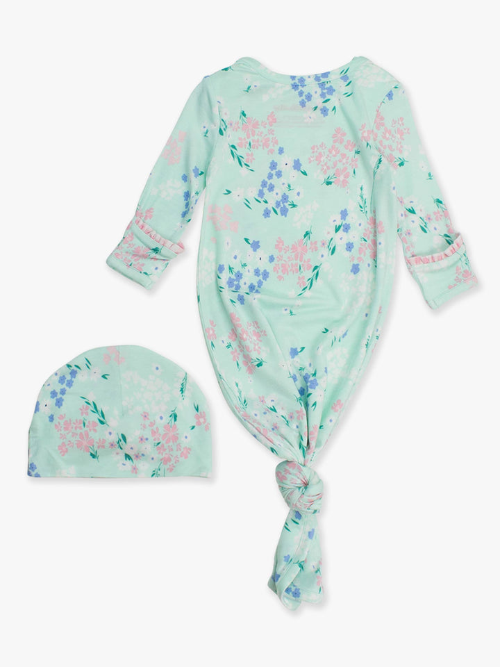 Baby Girls Mint Meadow Bamboo Viscose Ruffle Knotted Sleep Gown & Hat Set