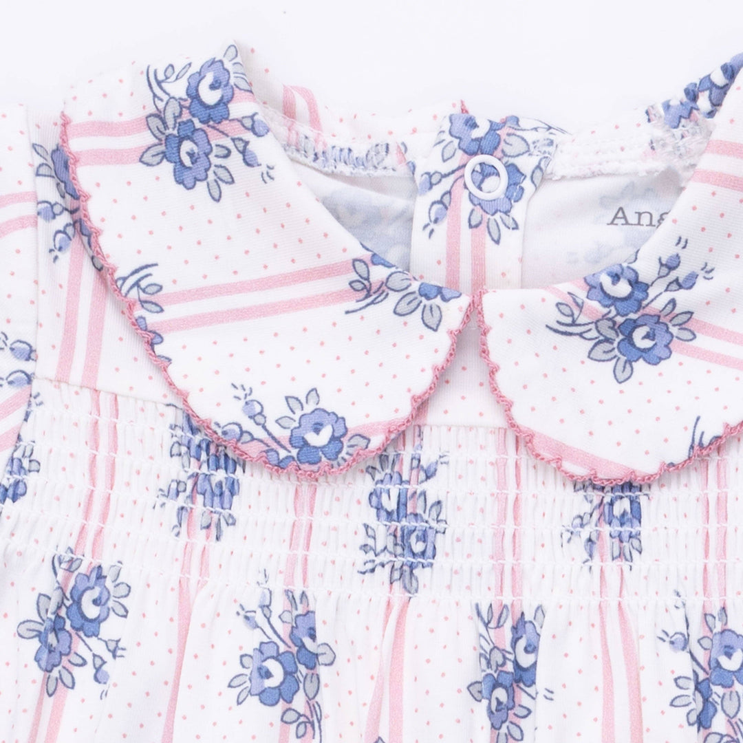 Stripe Dot Roses - Smocked Peter Pan Snap Footie