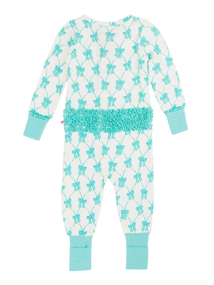 Baby Girls Teal Fairytale Bows Bamboo Viscose Convertible Ruffle One Piece Footie Pajama