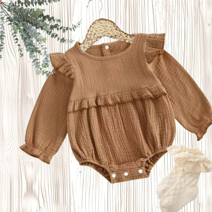 Baby Girl Brown Ruffle Shoulder Romper & Socks