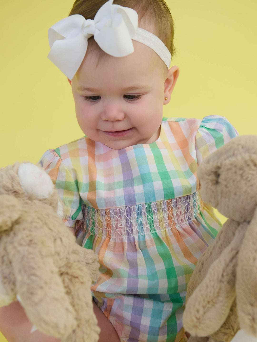 Baby Girls Poppy Rainbow Plaid Stripe Puff Sleeve Smocked Romper