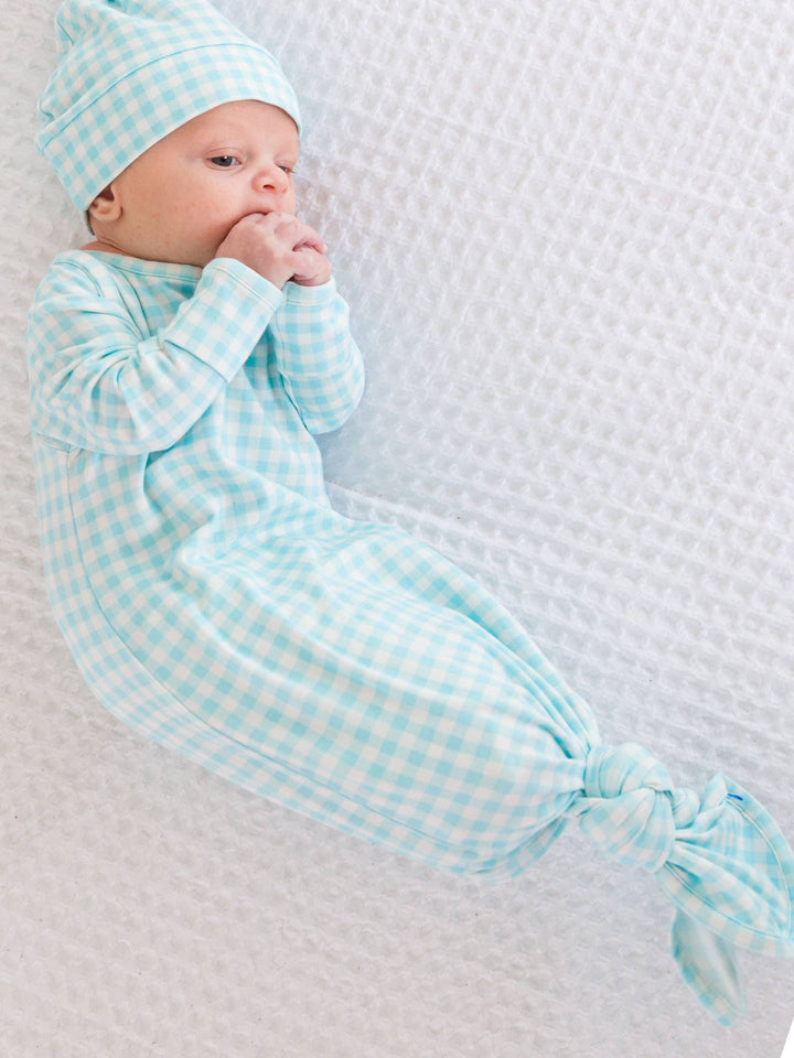 Baby Blue Breeze Gingham Modal Blend Knotted Sleep Gown & Hat Set