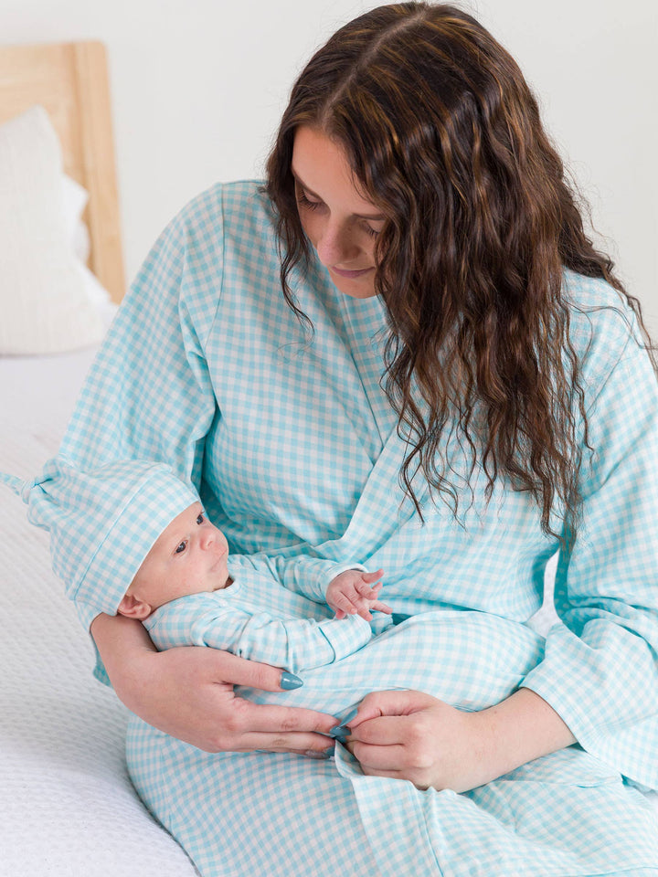 Baby Blue Breeze Gingham Modal Blend Knotted Sleep Gown & Hat Set