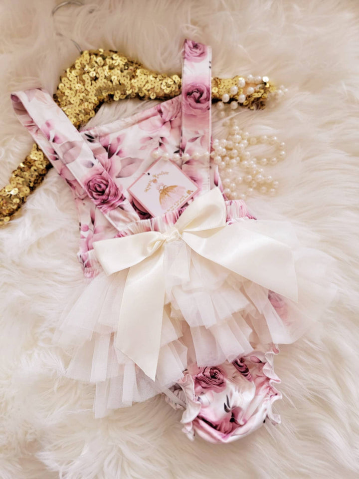 Vintage Pink Rose Floral Ruffle Bum Romper