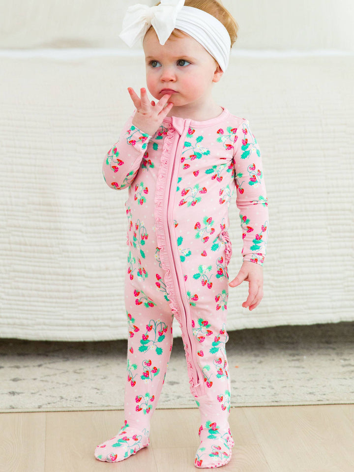 Baby Girls Sweet As Strawberries Bamboo Viscose Footed Ruffle One Piece Pajama