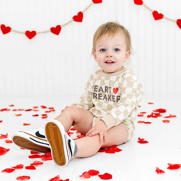 Heartbreaker Checkered Valentine's Day Long Sleeve Romper - Natural