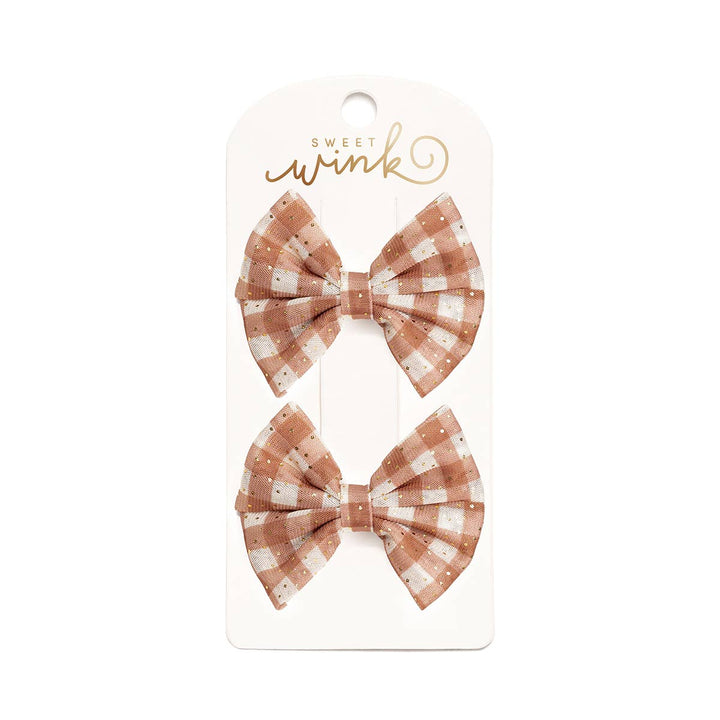 Gingham Printed Tulle Bow Clip Set - Hair Bows - Fall