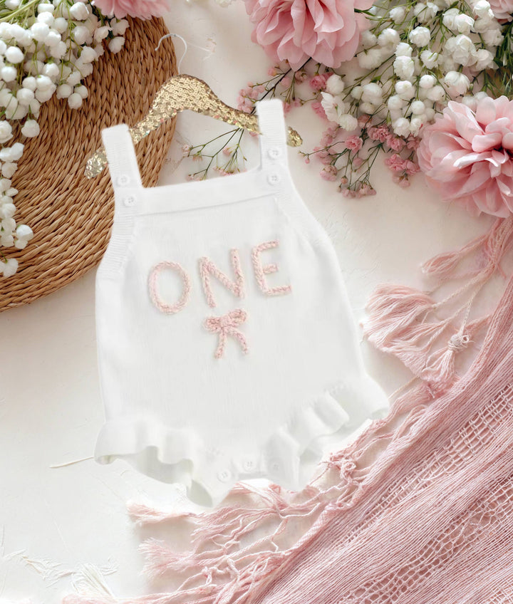 Baby Girls' First Birthday White Knitted Romper