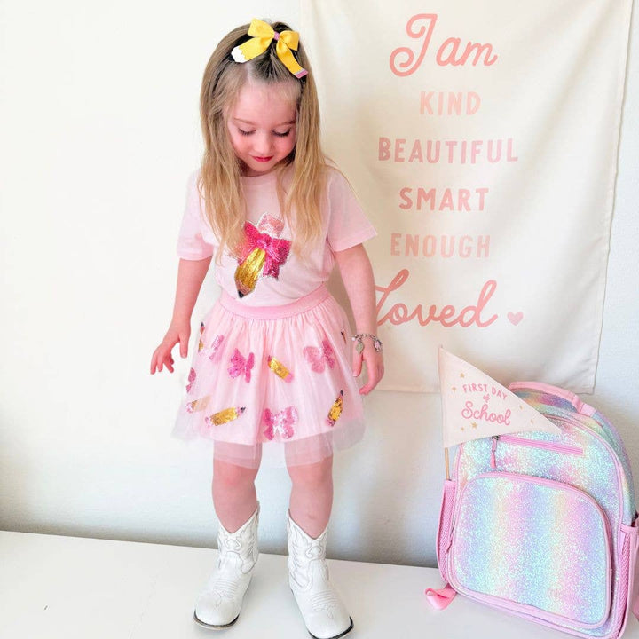 Pencil Bow Sequin Patch Short Sleeve T-Shirt - Girls Clothes