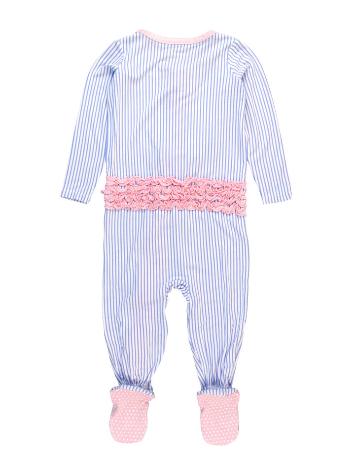Baby Girls Periwinkle & White Micro Stripe Bamboo Viscose Footed Ruffle One Piece Pajama