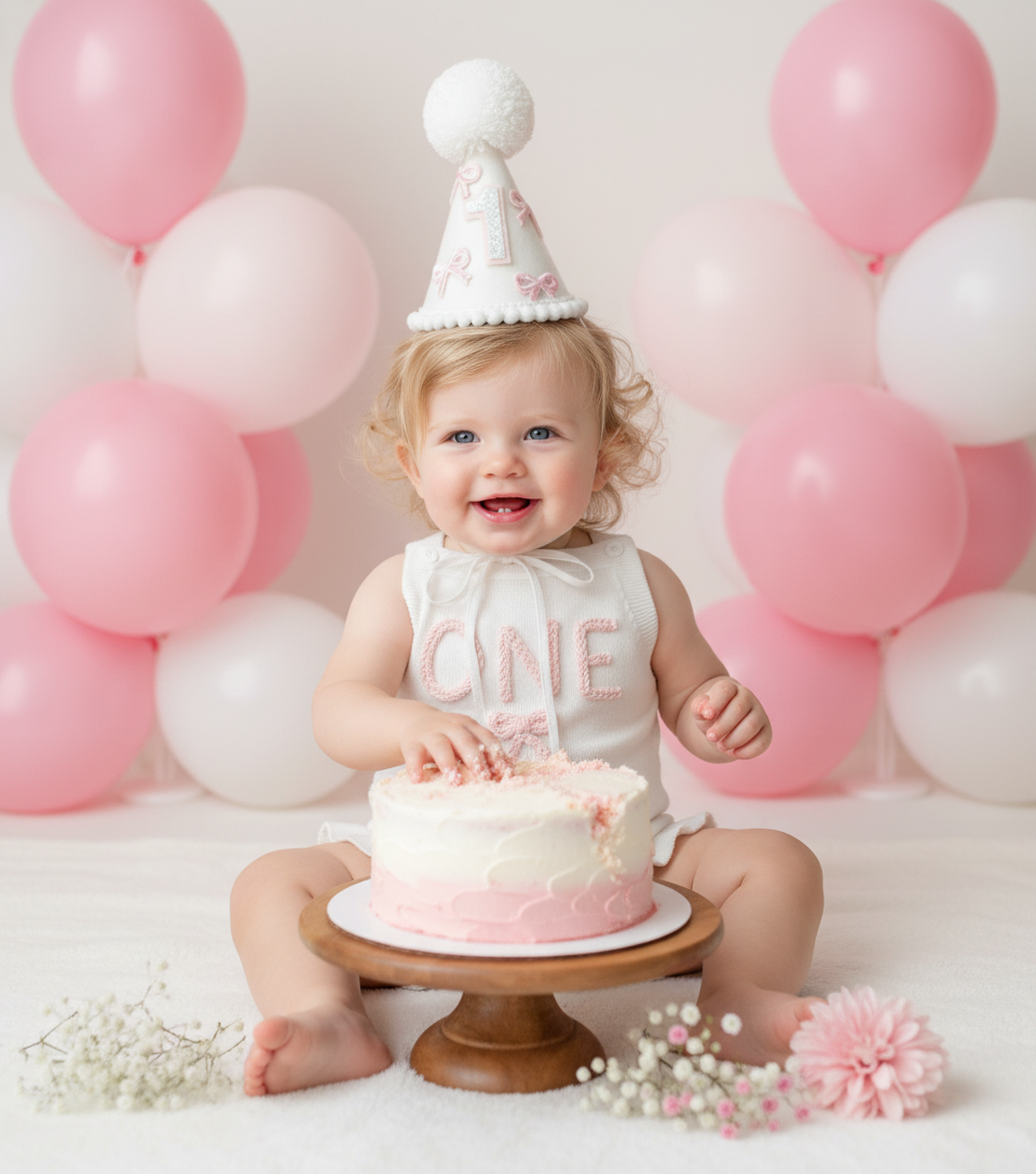 Baby Girls' First Birthday White Knitted Romper