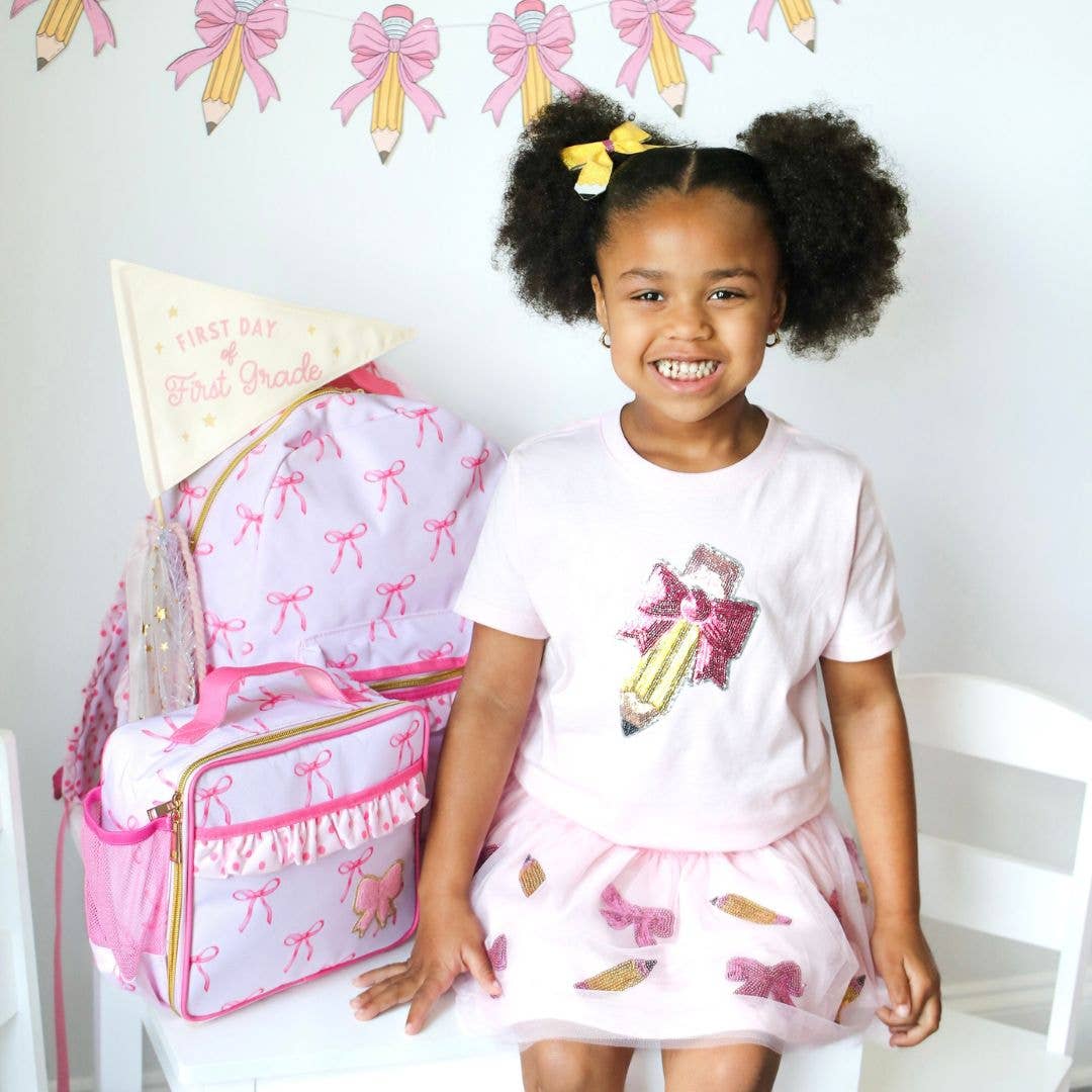 Pencil Bow Sequin Patch Short Sleeve T-Shirt - Girls Clothes