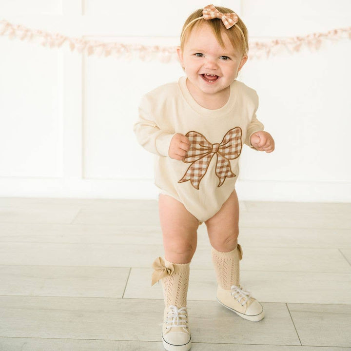 Gingham Bow Patch Long Sleeve Romper - Baby Clothing - Fall