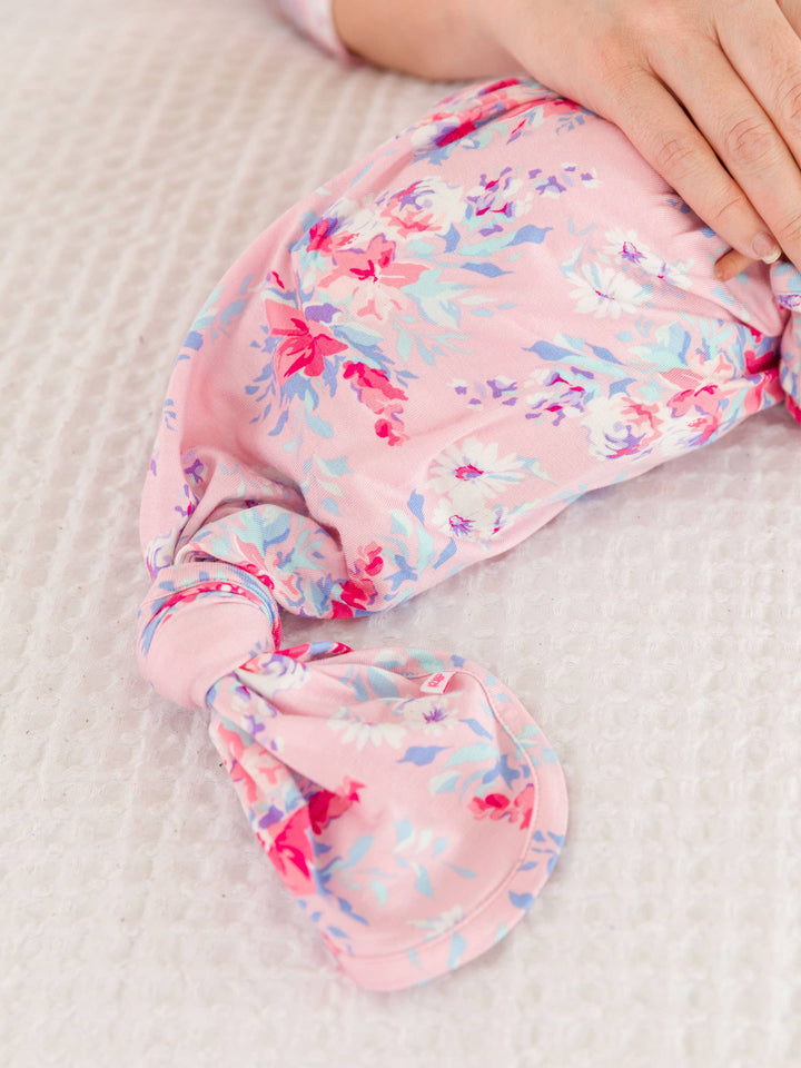 Baby Girls Pretty in Pink Floral Bamboo Viscose Ruffle Knotted Sleep Gown & Hat Set