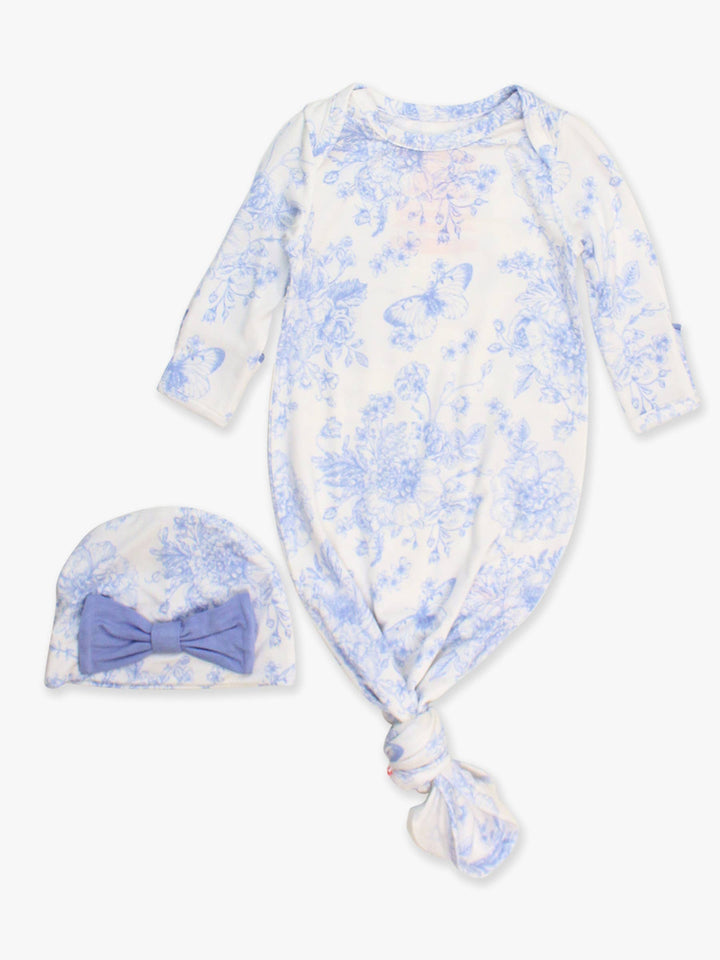 Baby Girls Periwinkle Blue Butterfly Garden Toile Bamboo Viscose Ruffle Knotted Sleep Gown & Hat Set