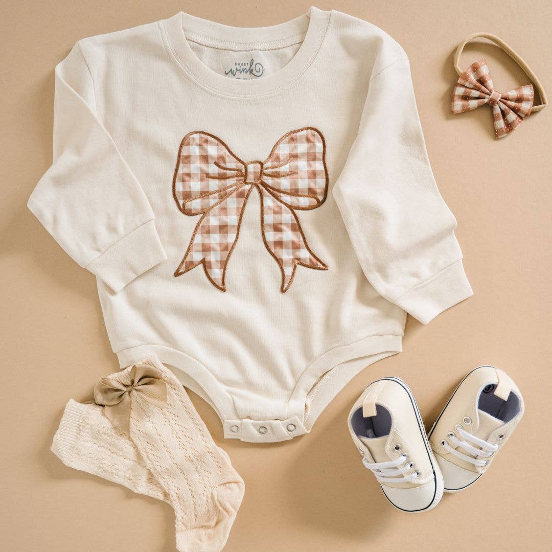 Gingham Bow Patch Long Sleeve Romper - Baby Clothing - Fall