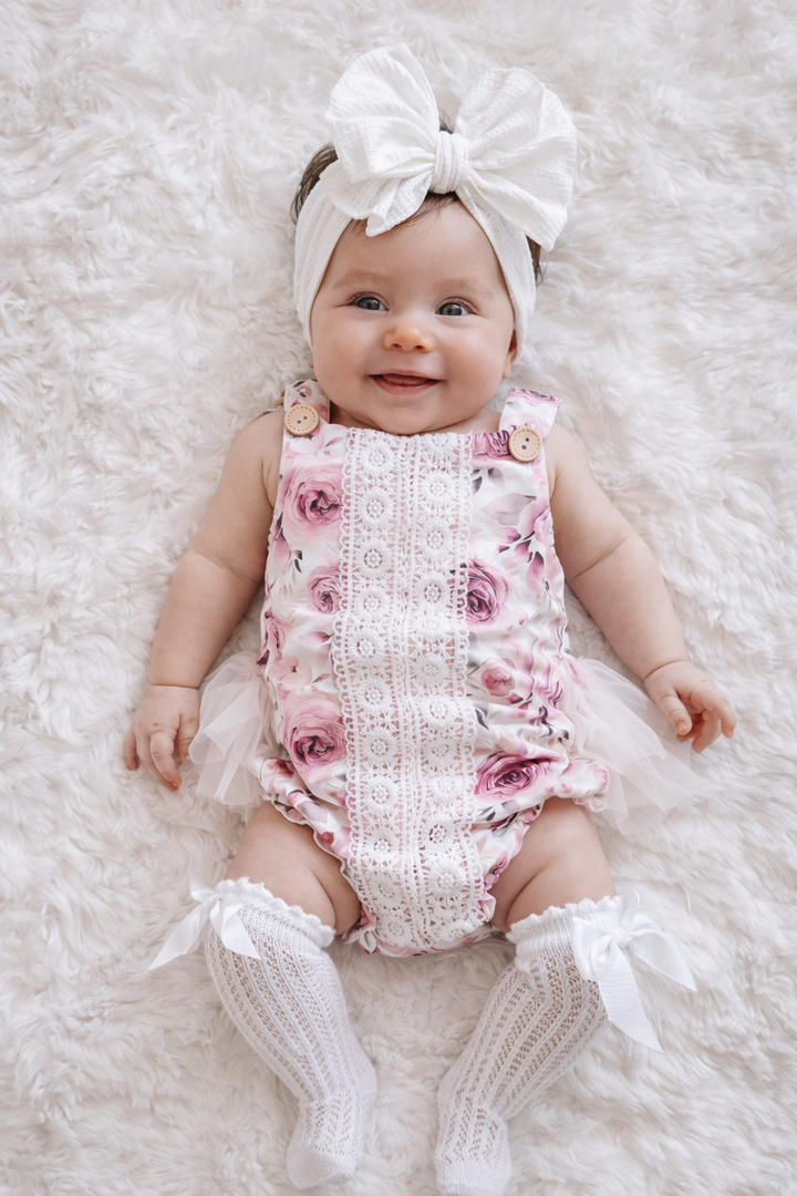 Vintage Pink Rose Floral Ruffle Bum Romper