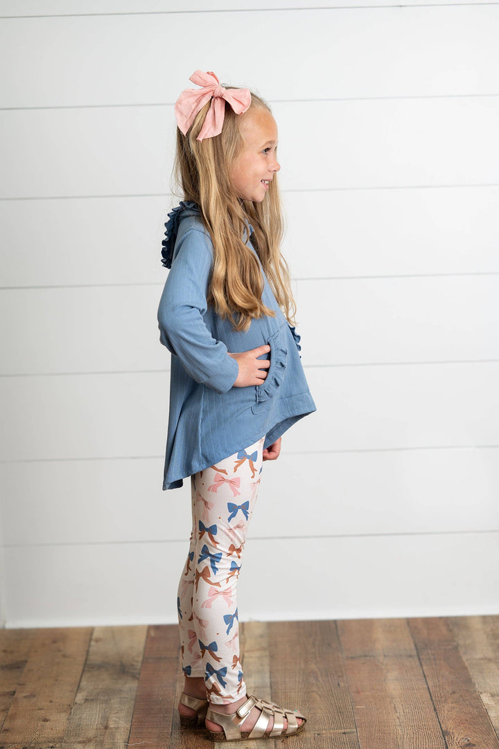 Girls Blue Ruffle Hi-Lo Hoodie & Coquette Bow Legging Set