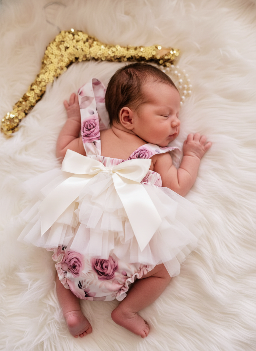 Vintage Pink Rose Floral Ruffle Bum Romper