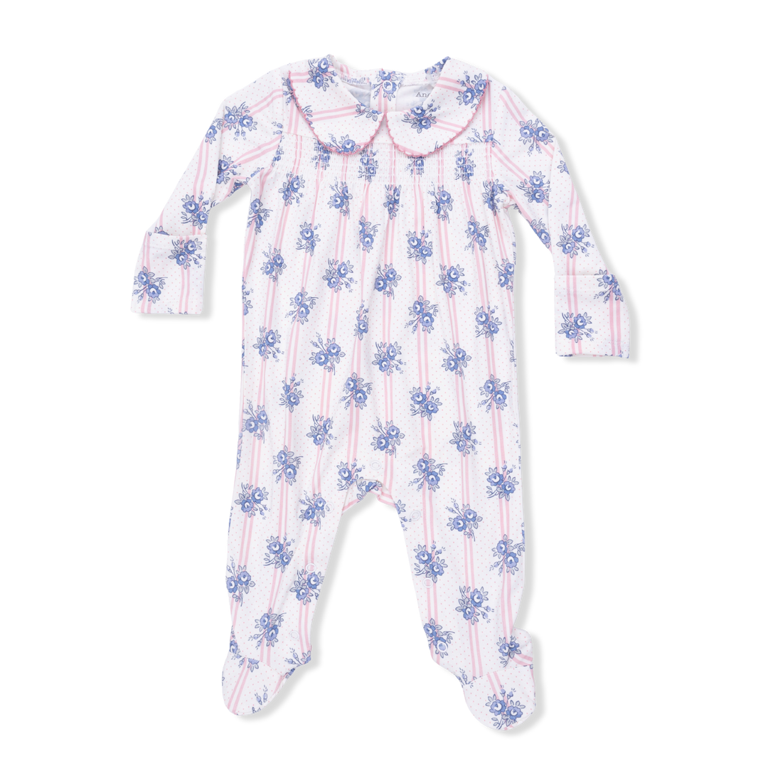 Stripe Dot Roses - Smocked Peter Pan Snap Footie