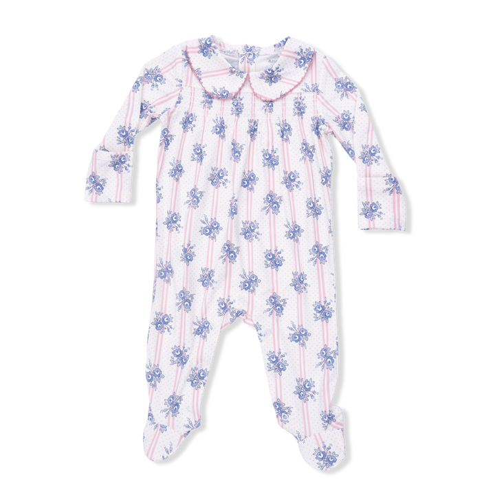 Stripe Dot Roses - Smocked Peter Pan Snap Footie