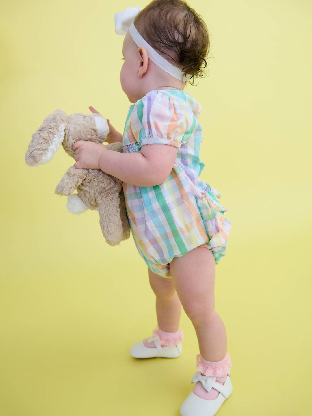 Baby Girls Poppy Rainbow Plaid Stripe Puff Sleeve Smocked Romper