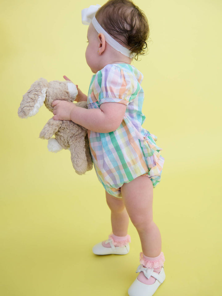 Baby Girls Poppy Rainbow Plaid Stripe Puff Sleeve Smocked Romper