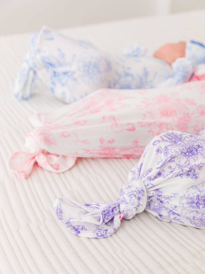 Baby Girls Periwinkle Blue Butterfly Garden Toile Bamboo Viscose Ruffle Knotted Sleep Gown & Hat Set