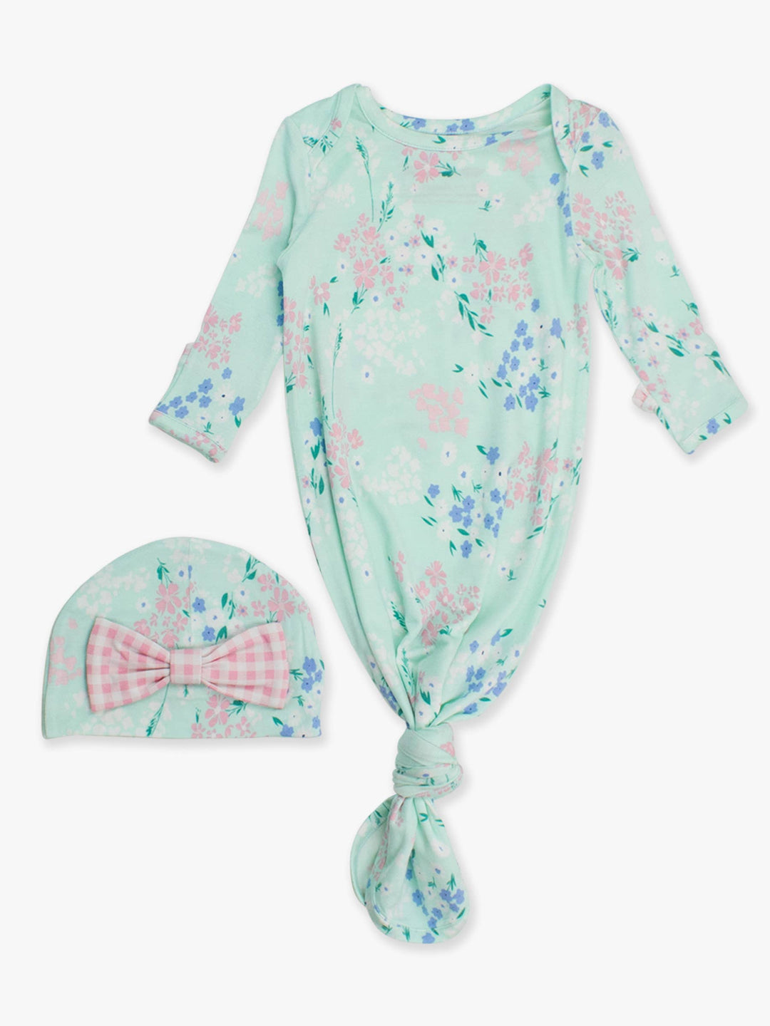 Baby Girls Mint Meadow Bamboo Viscose Ruffle Knotted Sleep Gown & Hat Set