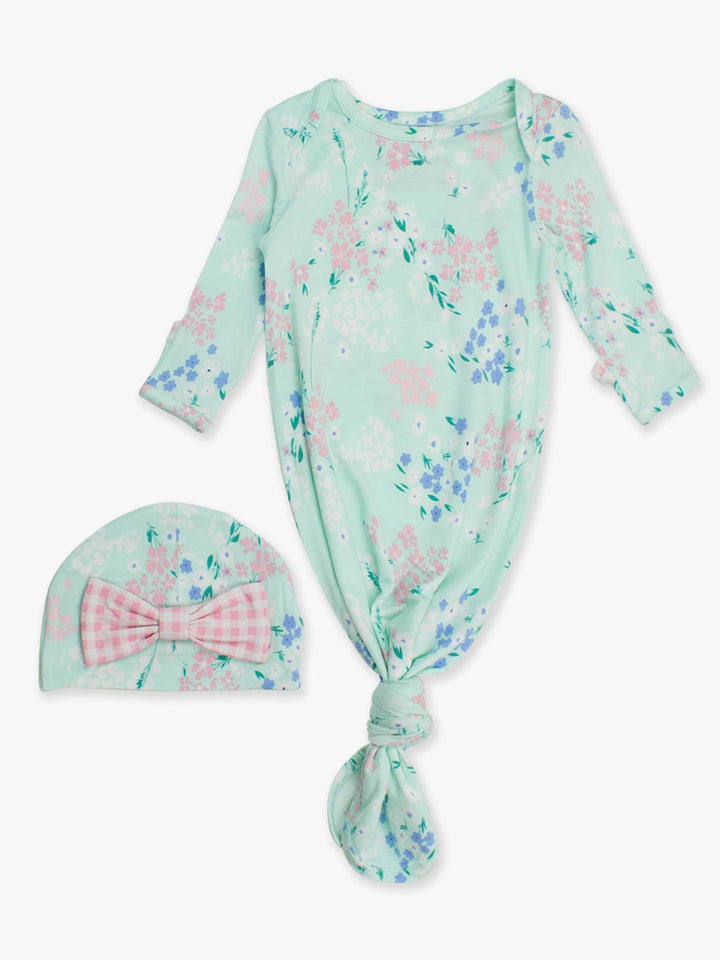Baby Girls Mint Meadow Bamboo Viscose Ruffle Knotted Sleep Gown & Hat Set