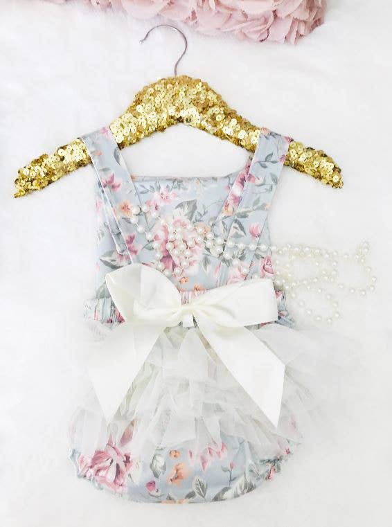 Baby Girl Vintage Green Floral Ruffle Bum Romper